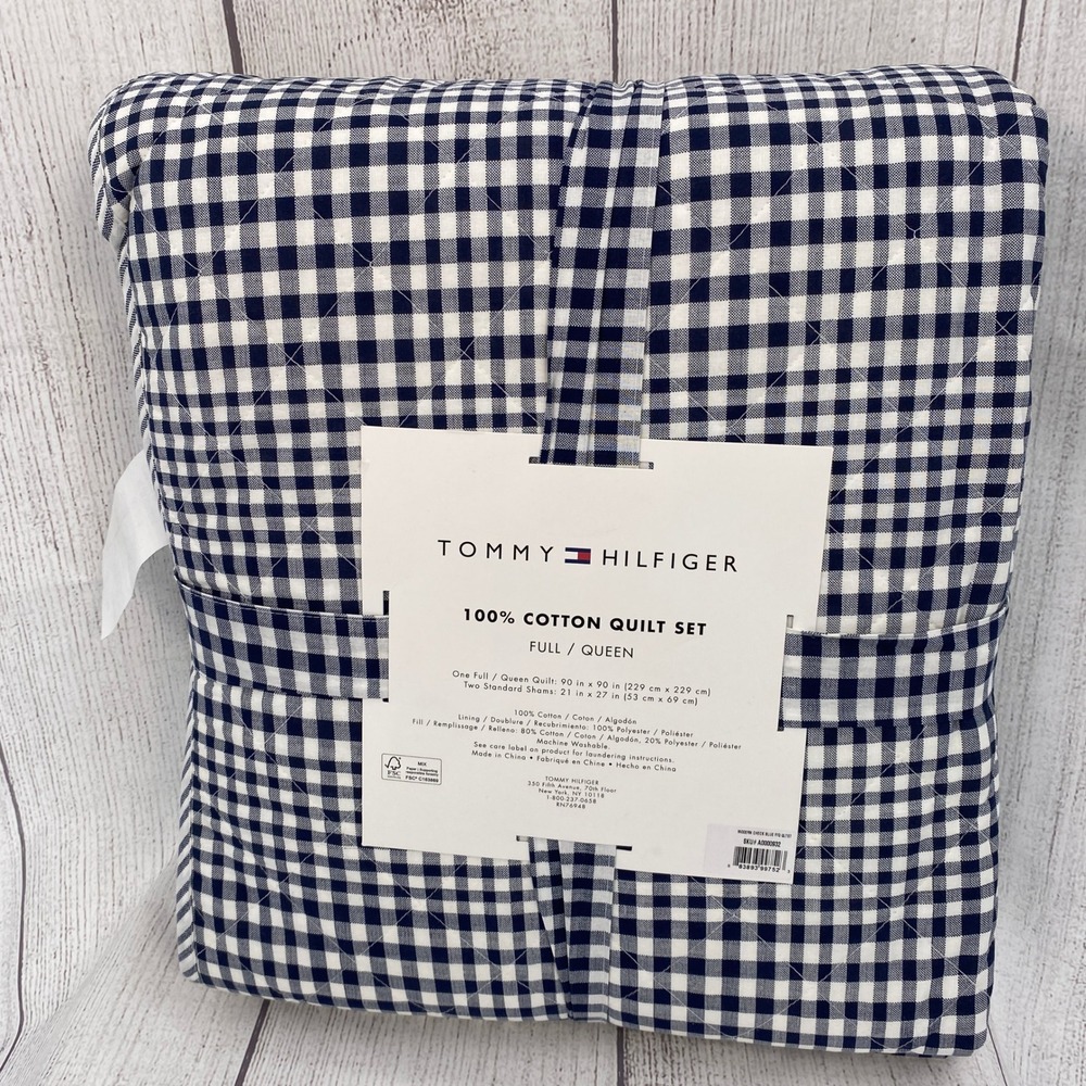 Tommy Hilfiger Quilt Set Full Queen Blue Modern Check Gingham Preppy Reversible